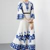 Summer Women Vintage Blue and White Porcelain Print Flower Loose Maxi Party Dresses with Belt