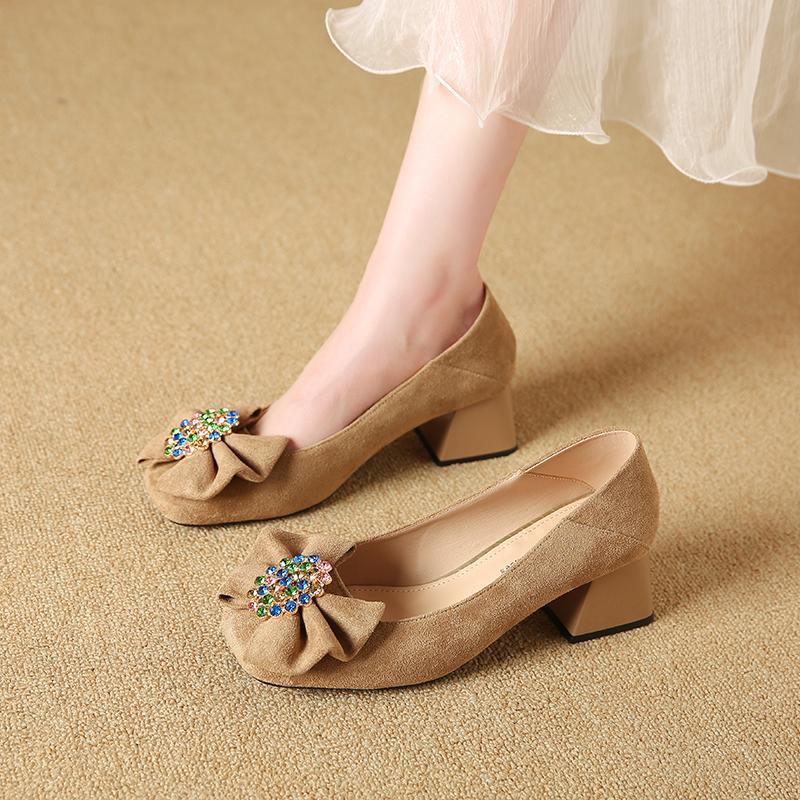 Sweet Single Shoes Summer New Square Head Shallow Mouth Crystal Buckle Butterfly Knot Anti-slip Wear-resistant Heel Shoes