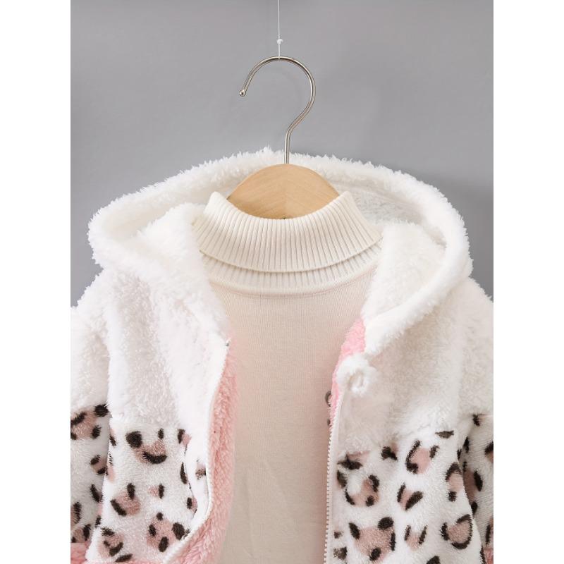 Cozy & Cute Girls' Leopard Print and Pink Fleece-Lined Zip-Up Hoodie Jacket - Warm, Thick Polyester Blend for Autumn/Winter, Long Sleeves,Casual Style