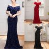 Damen Schulterfreies Pailletten Bodycon Meerjungfrau Maxi-Kleid für Abendpartys