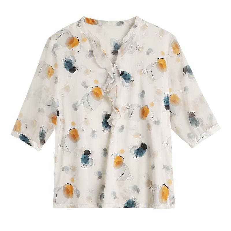 Silk Shirt Women's Short Sleeved Summer T-shirt Mid Sleeved V-neck Printed Western-style Small Shirt Mulberry Silk Top