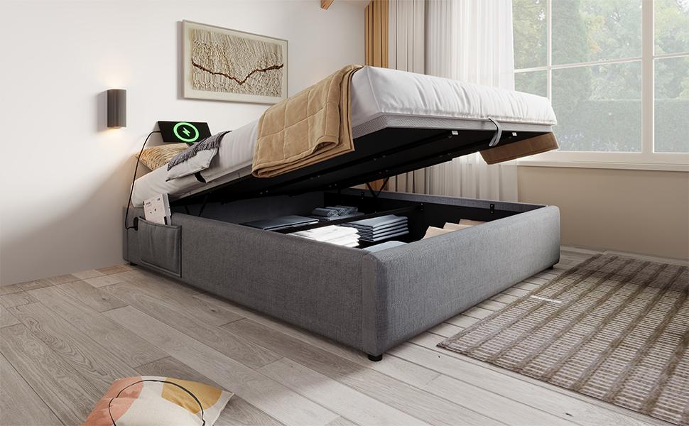 Upholstered Bed Double Bed 140x200 Cm, Storage Bed Frame with USB-C and Full-Surface Slatted Frame, Without Headboard, Cotton, Gray