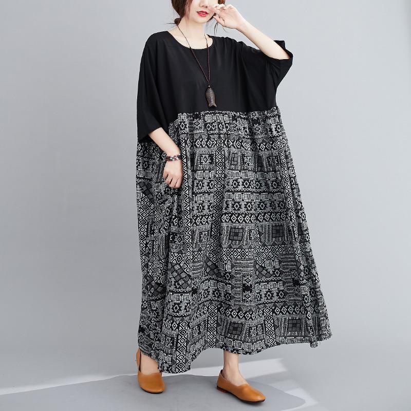 Real Shot Summer New Literary and Artistic Large Size Loose Color Matching Cotton and Linen Short-sleeved Dress Women's Long Dress