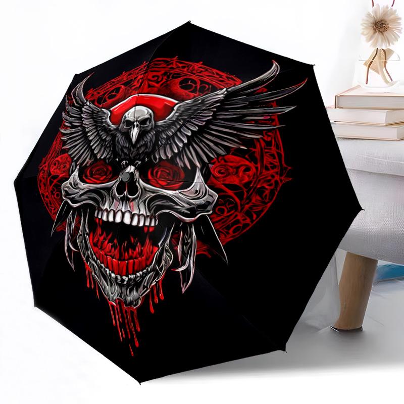 Zewnętrzny Automatyczny Parasol z Wzorem Czaszki, Składany Design z 8 Żebrami, Wytrzymały, Lekki, Na Każdą Porę Roku, Elegancki Damski Parasol