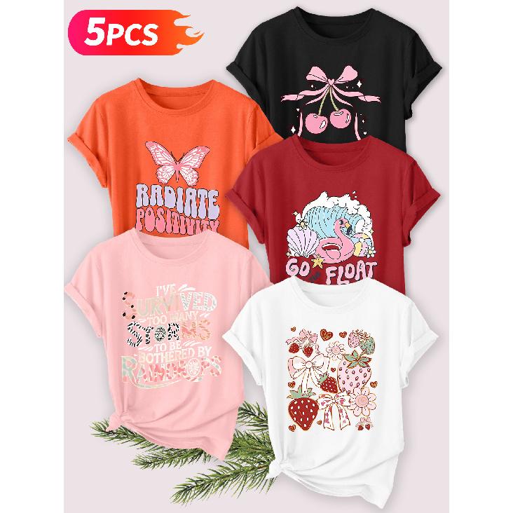 Five-piece set Elegant short-sleeved shirt for women Sunset Coast Print Round Neck Women's Short Sleeve Suitable for Spring and Summer Fashionable