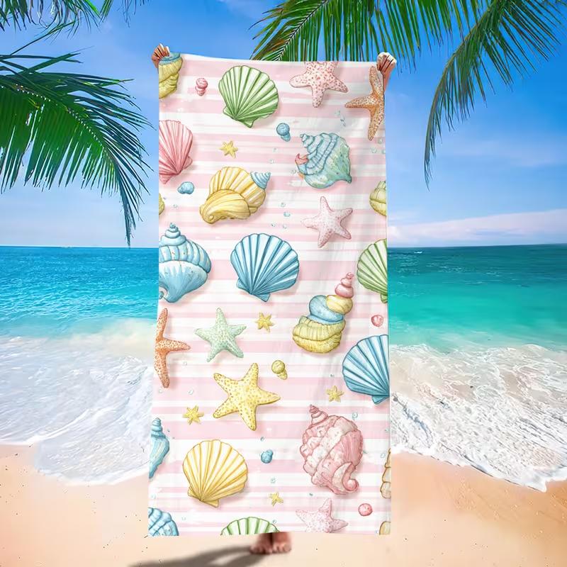 Pink Stripe Seashell Starfish Print Beach Towel Quick Dry Sand Resistant Towel For Swim Yoga Beach Holiday Travel Use
