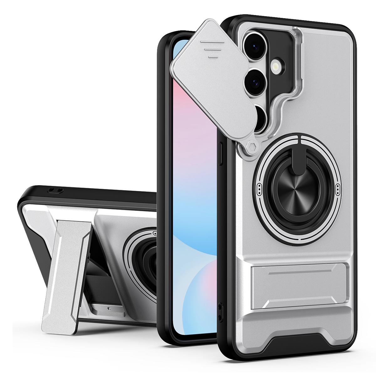 

For Samsung Galaxy S24 FE Magnetic Case Ring Holder Foldable Kickstand TPU PC Phone Cover with Camera Lens Slider