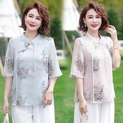 Elegant Chinese-Style Chiffon Blouse for Middle-Aged and Elderly Women - Summer Fashion