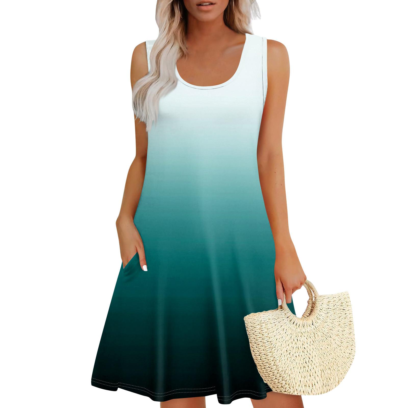 

Женские летние платья, свободные сарафаны без рукавов с U-образным вырезом и карманами XL темно-зеленого