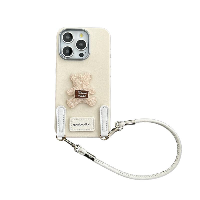Plush Bear Goodluck Mobile Phone Case Is Suitable For Apple 16Promax Silicone Tpu Imitation Leather Iphone15 Rope.