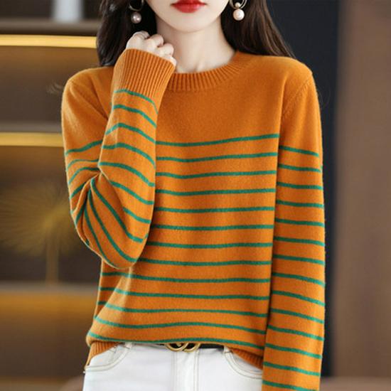 Women's Wool Round Neck Sweater - Autumn/Winter Striped Loose Knit Base Layer