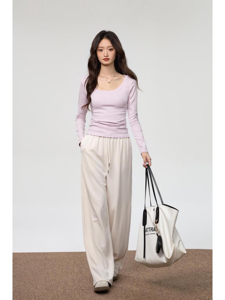 Damen gekämmte Baumwolle U-Ausschnitt Langarm Slim-Fit T-Shirt - Herbstmode, vielseitiges einfarbiges Oberteil