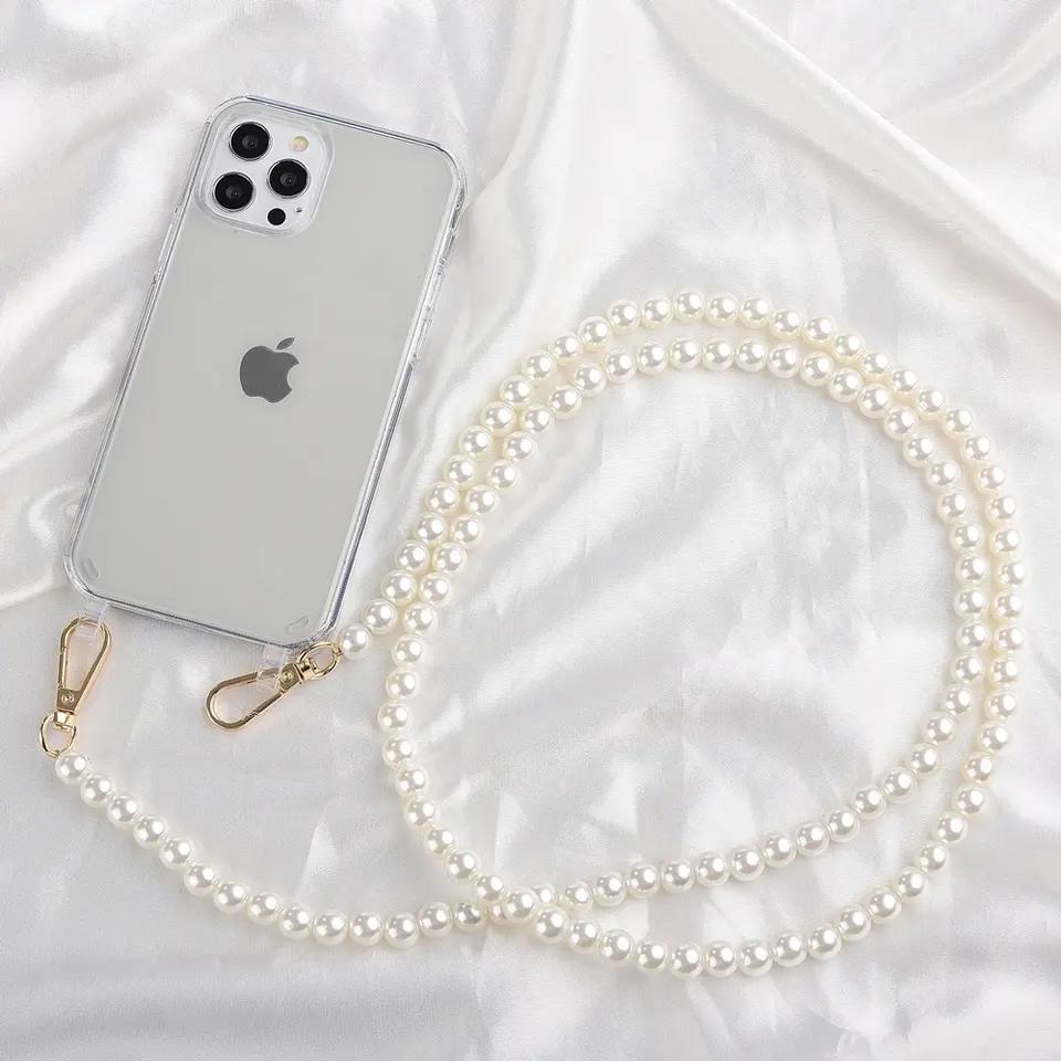 Pearl Bracelets Chain Crossbody Necklace Lanyard Phone Case For  Iphone 16 15 14 Pro 13 12 Mini 11 7 8 Plus Beige Cover
