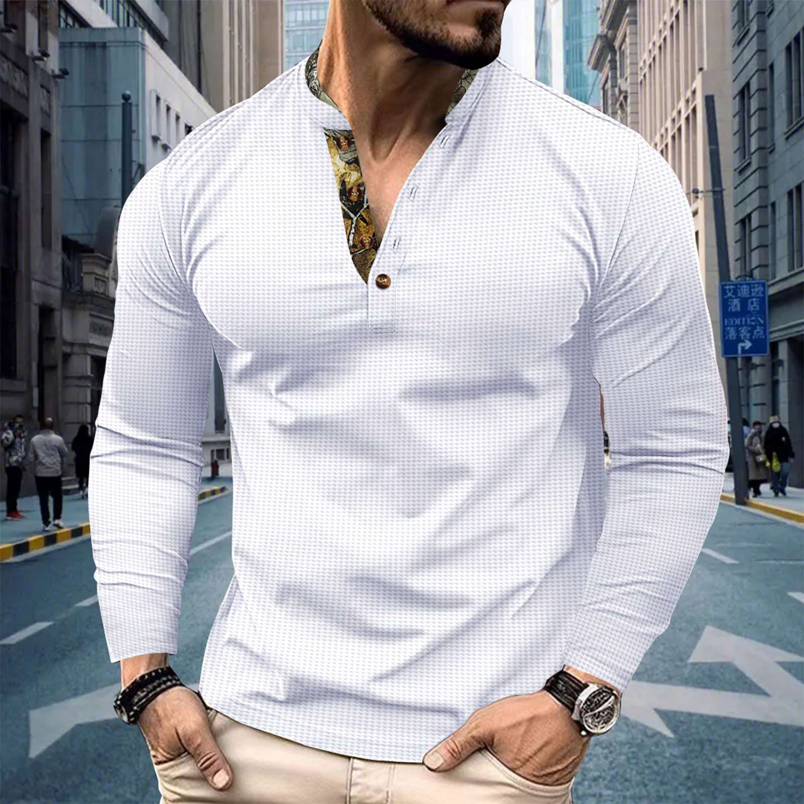 

Men s Single Breasted Round Neck Long Sleeved Casual Sports Top XL білий