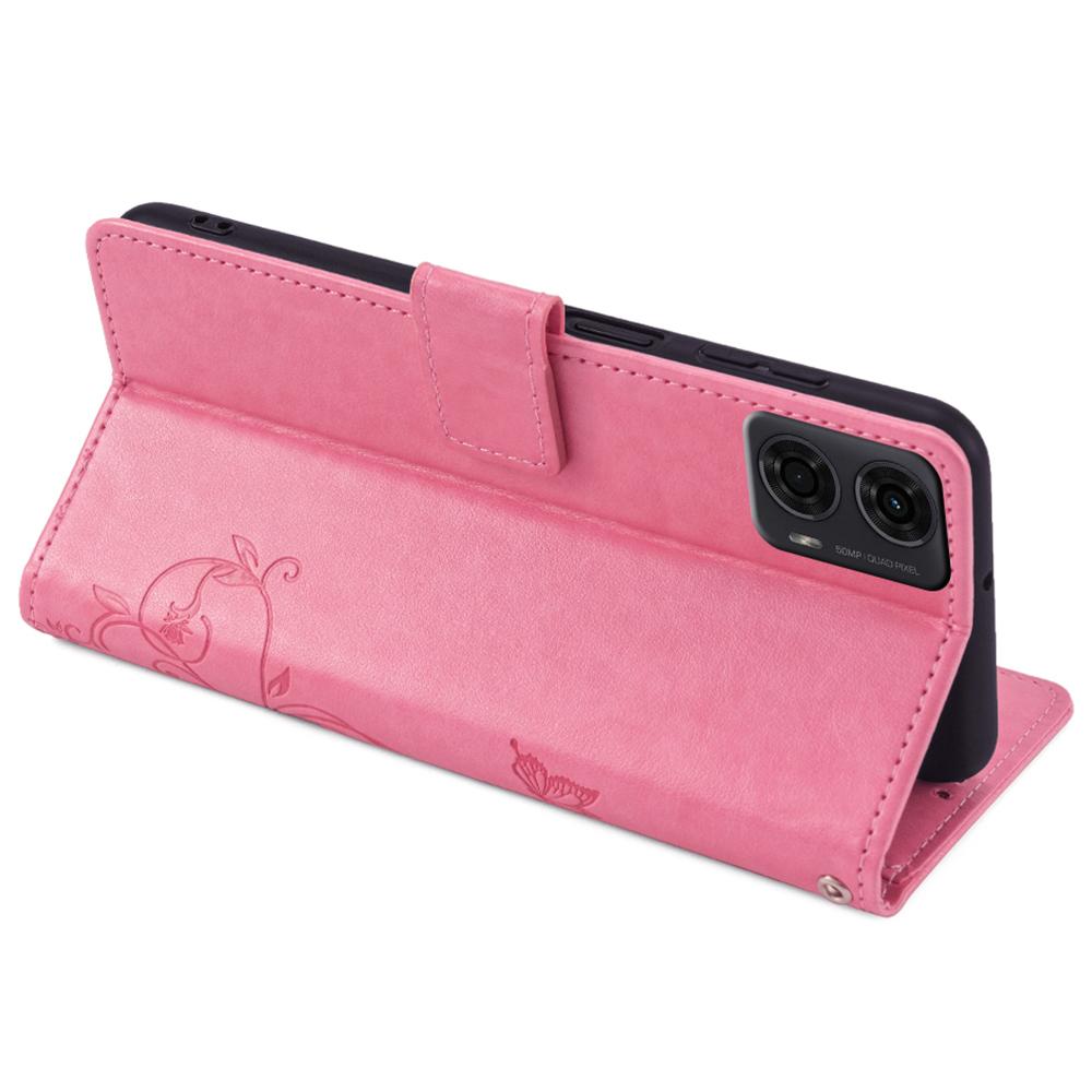 For Motorola Moto E14 4G/G04 4G/G04s 4G/G24 4G Leather Case Wallet Card Slots Butterfly Flower Phone Cover with Strap