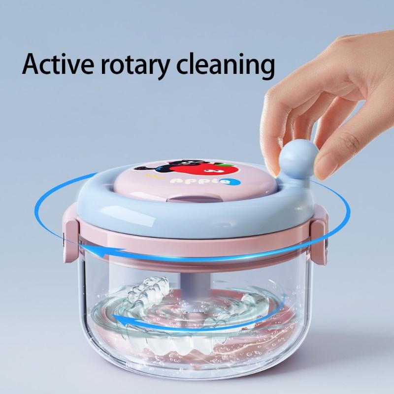 Portable Denture Cleaning Box Featuring Mirror Compartment Hand Cranked Retainer Organizers