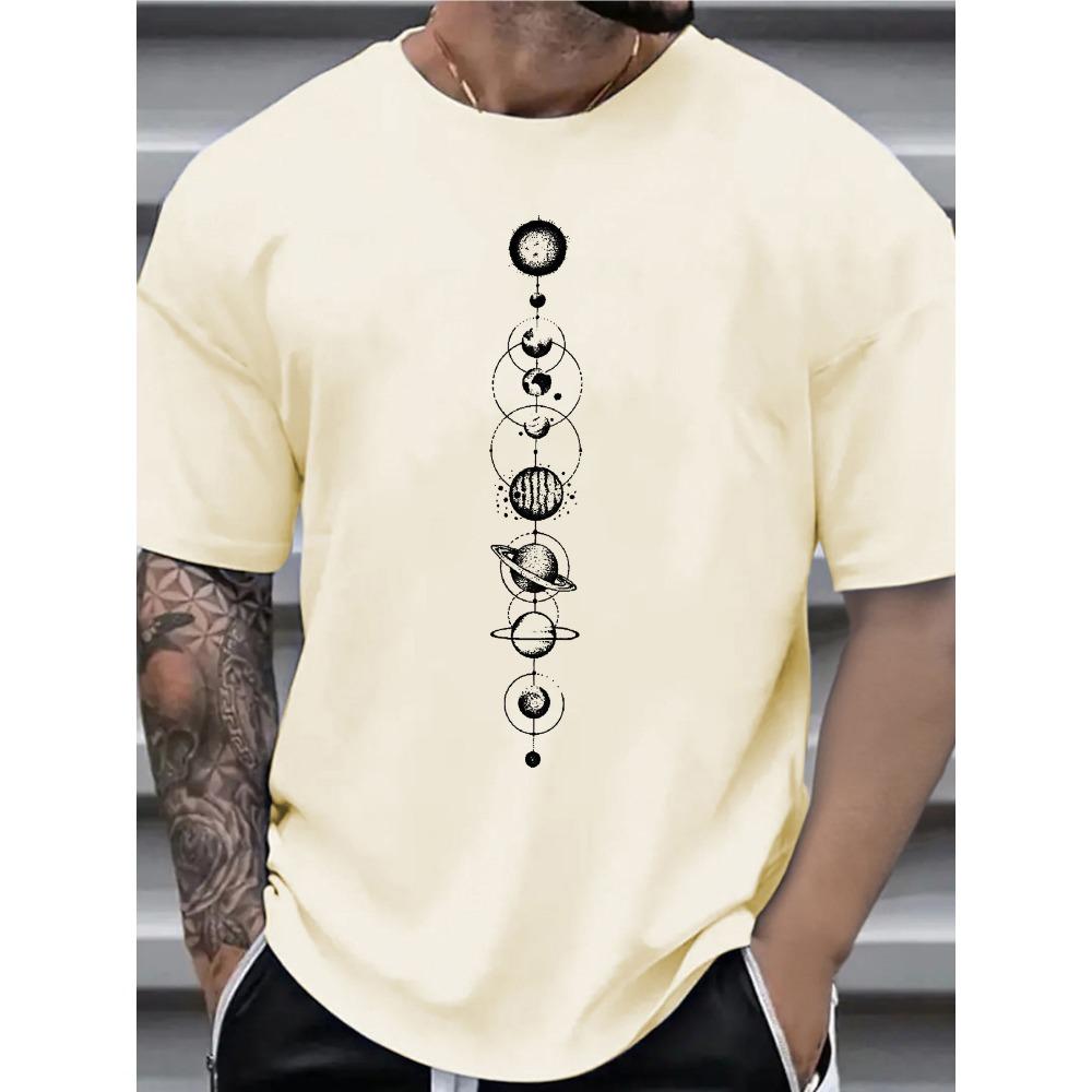 Men's summer 100 cotton fashionable casual sports loose space planet pattern printed round neck short sleeved T-shirt top