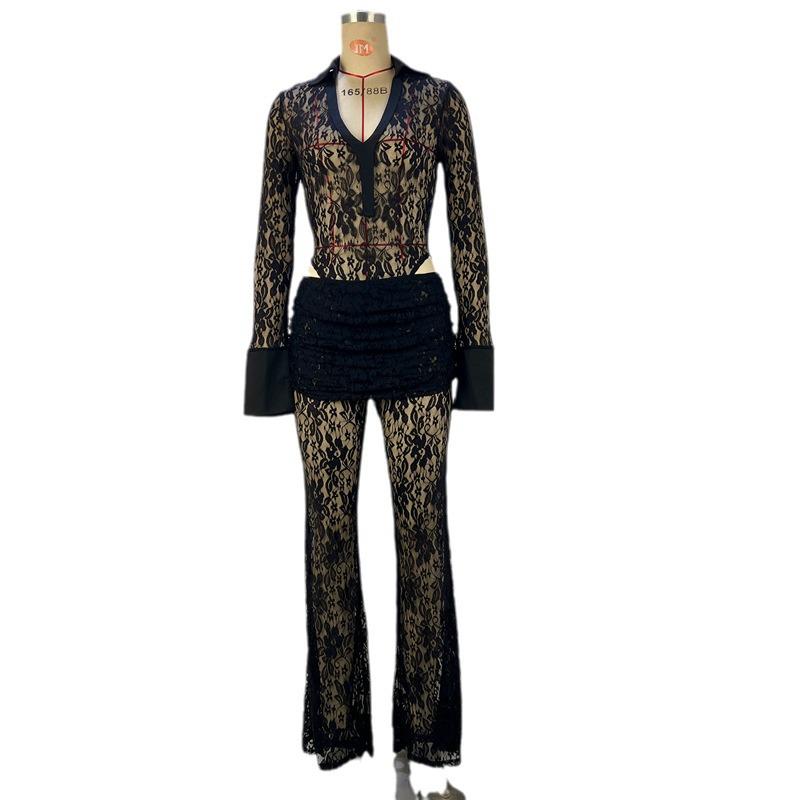2024 European & American Lace Patchwork Deep V Top & Sheer Flared Pants Women's Set