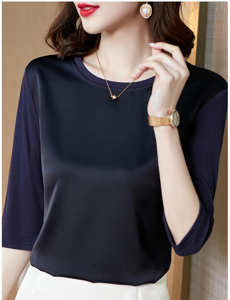 Seven-Sleeve Women's Satin Acetate T-Shirt - Spring 2025 Collection, Modal Round Neck, Fashionable and Versatile.
