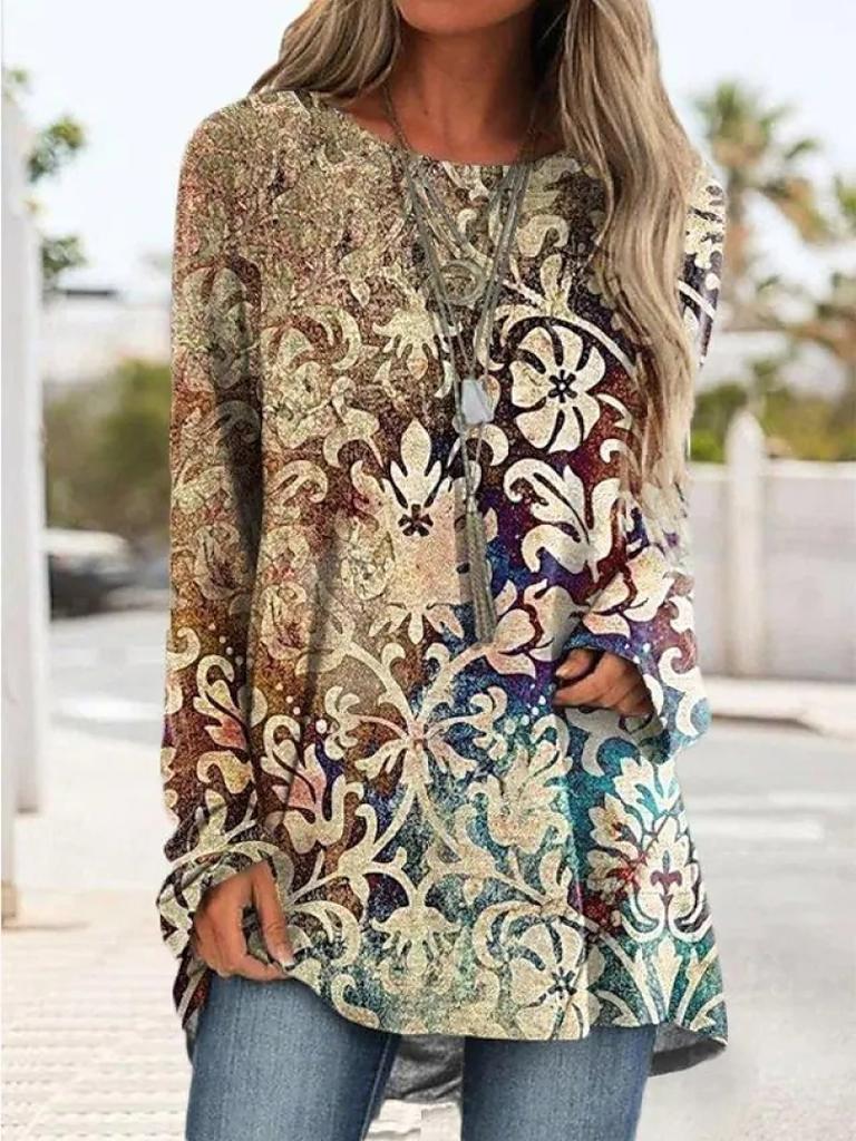 2023 Elegant Tops Ladies Round Neck Long Sleeve Street Fashion Casual T-shirt Autumn Winter New Design Printing Vintage Pullover