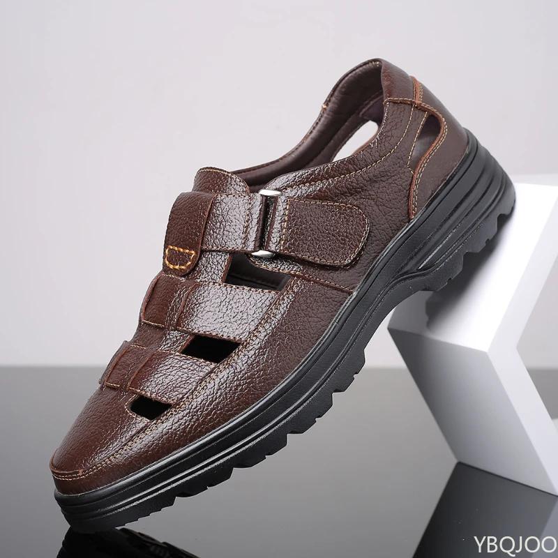 2025 Summer New Men's Shoes Casual Men Sandals Breathable Genuine Leather Toe Shoes Male Hollow Out Comfortable Sandals Homme