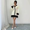 Women's Color Block Knit Sweater Skirt with Pearl Button and Ruffle