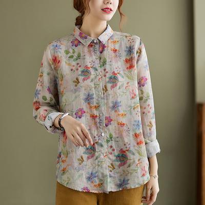 Spring and Summer Casual Women's Wear Spring Cotton and Linen Retro Loose Long Sleeved Collared Shirt Top for Women