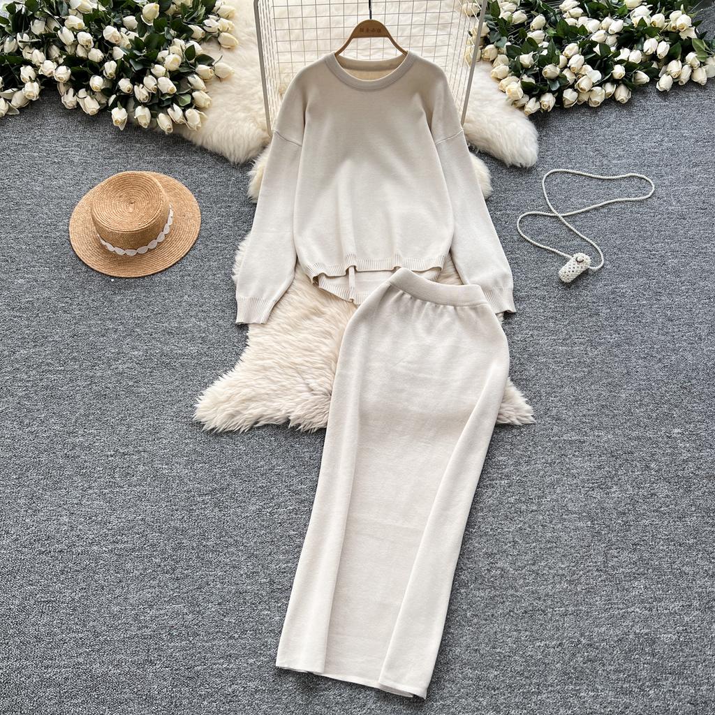 Tvådelat set Damkläder Mild Stil Lättslappig Lös passform Pullover O-hals Långärmad Stickad Tröja Midi Bodycon Kjolar