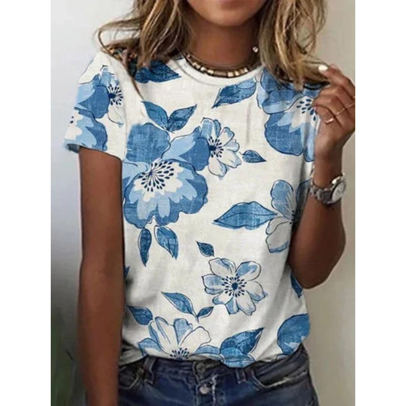 Summer Round Neck 3D Flower Print Top Fashionable Casual Short Sleeved Women's T-shirts