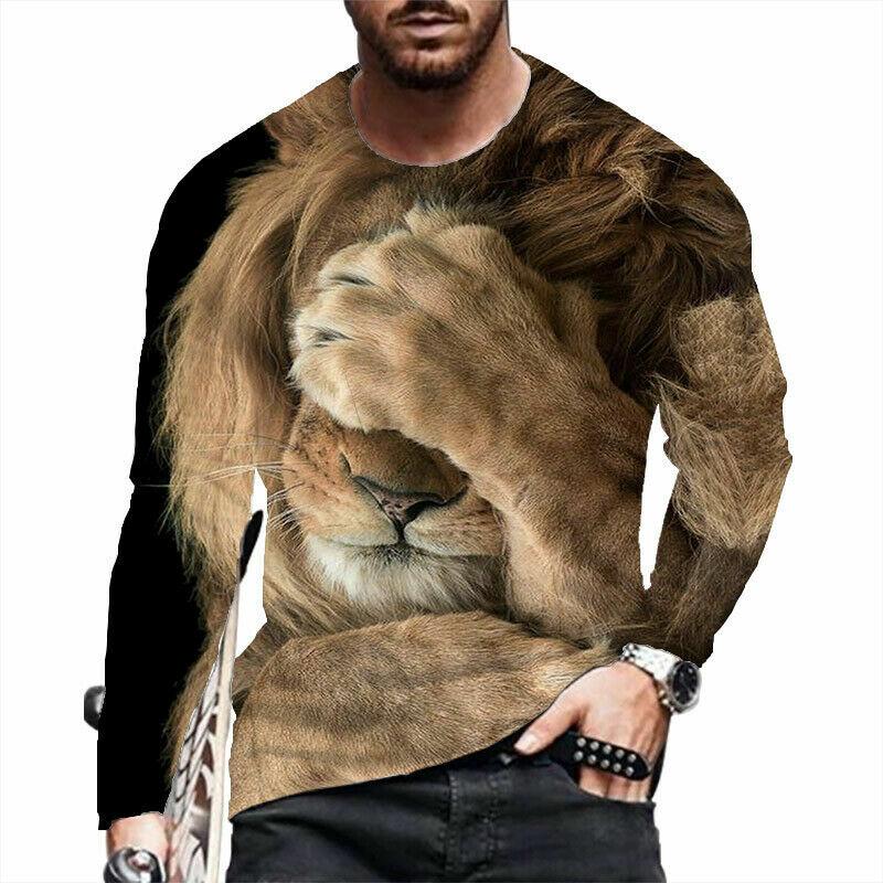 T-Shirt Men's Lion 3D Graphic Brown Long Sleeve Casual Novelty T-Shirt