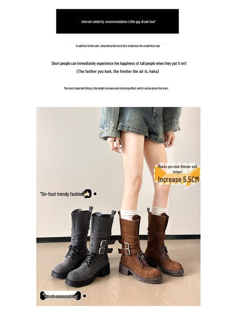 Autumn 2025 Genuine Leather Retro Mid-Calf Buckle Boots - Western Chunky Heel Motorcycle Style