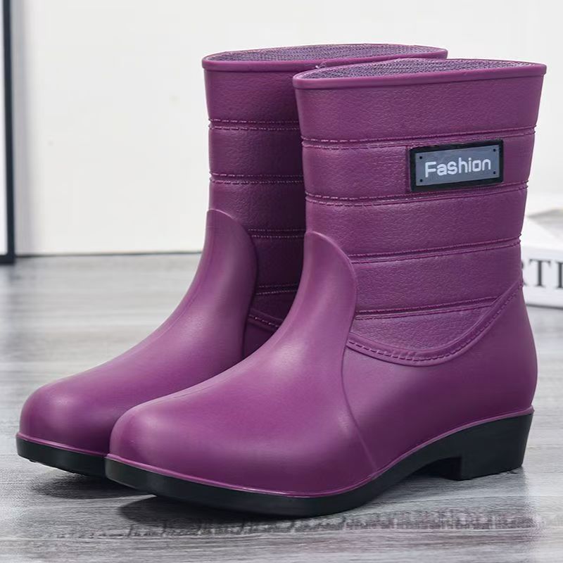 Woman's New Low Heel High Top Rain Boots Soft Sole Round Toe Non Slip Waterproof Slip On Kitten Work Shoe Garden Shoe Water Shoe