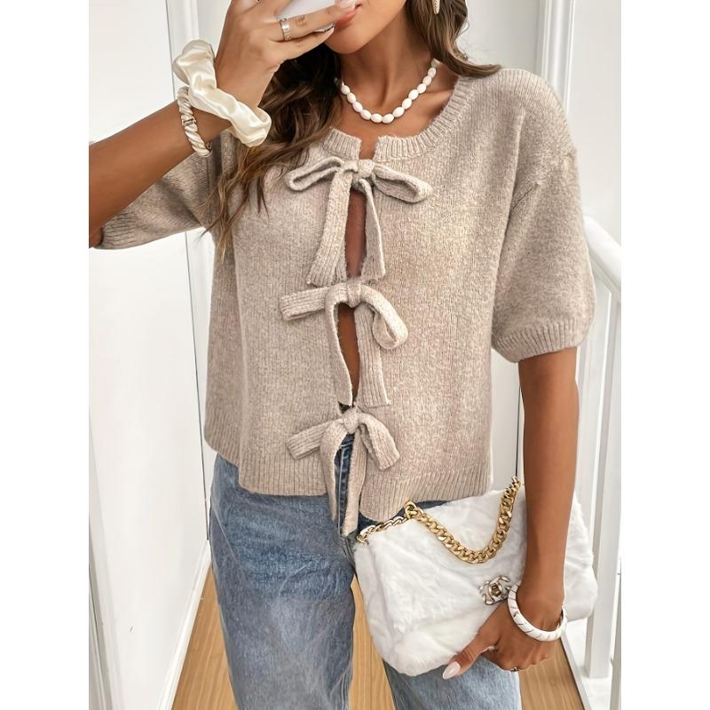 Women S Casual Short Sleeve Tie Front Knit Cardigan