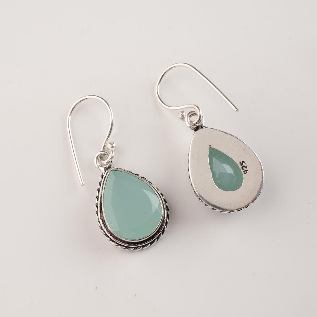 Aqua Chalcedony Gemstone Silver Earrings 1.5" Handmade Lightweight Jewelry AEE-2-18