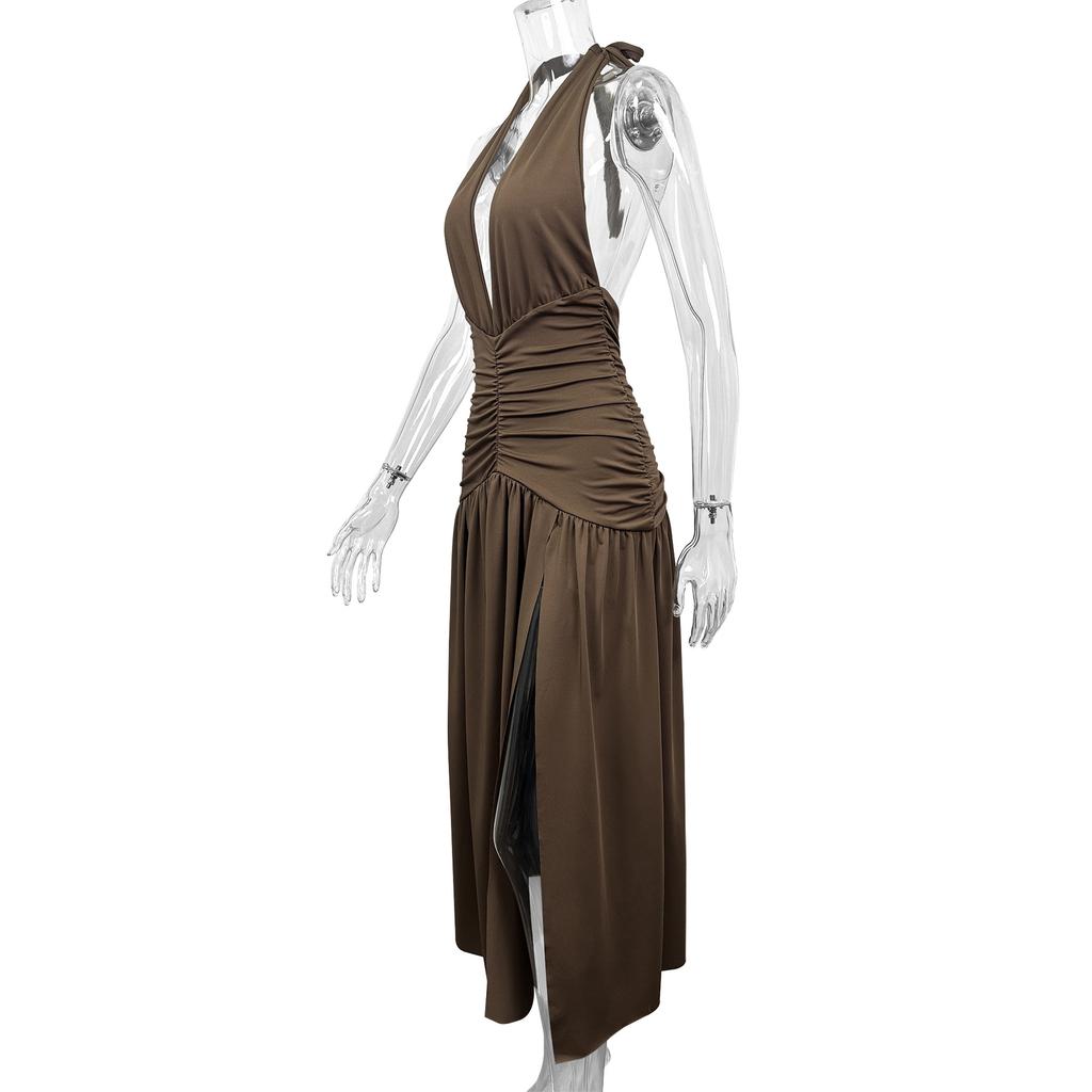 Women Summer Casua Halter Backless High Splice Solid Color Evening Party Dress