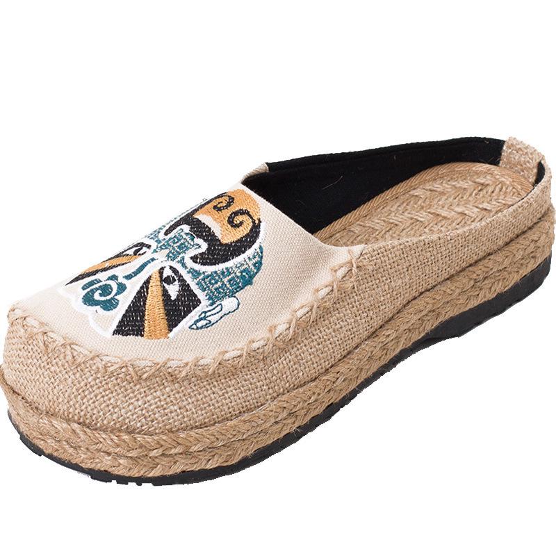 Peking Opera Face Embroidery Espadrilles - Handmade Linen Mori Girl Shoes