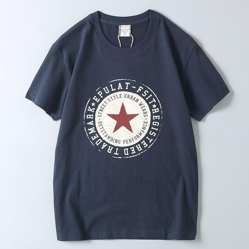 Foreign Trade Export Surplus Comfortable All-Cotton Summer New Men's Fashion Round Neck Five-Pointed Star Print Short-Sleeve T-Shirt