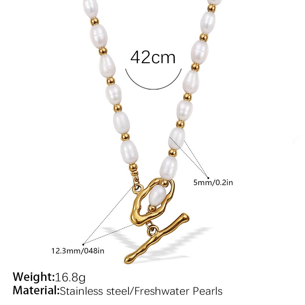 Stainless Steel Freshwater Pearl OT Buckle Necklace Bracelet Set Simple Gold Plated Necklace Bracelet