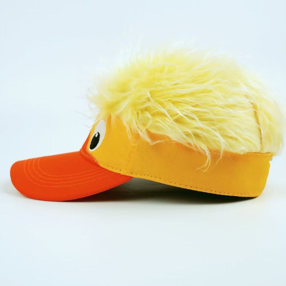 Lustige Enten-Visierkappe mit Kunsthaar, Neuheit Gelb-Orange Verstellbares Sonnenschild für Männer Frauen, Einzigartige Lässige Streetwear-Kappe