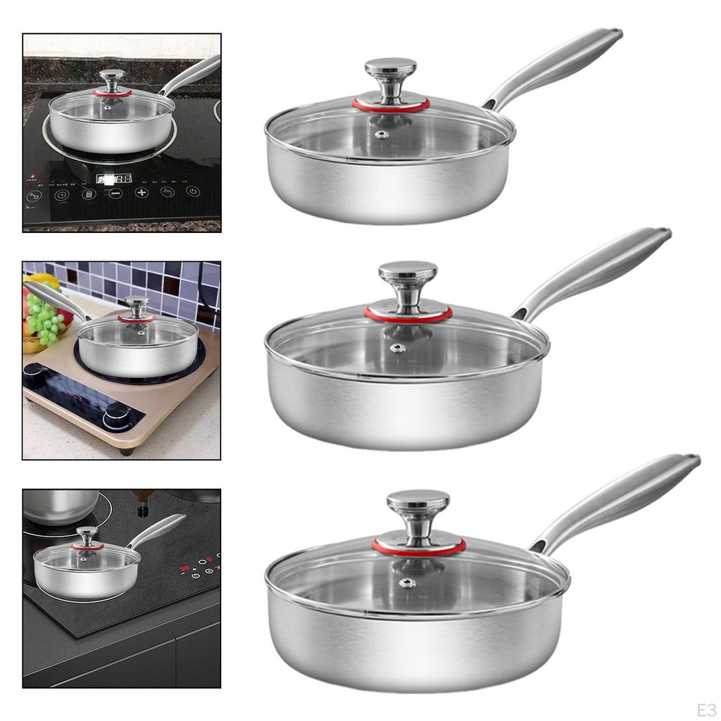 Frying Pan Cooking Gadget with Glass Lids Ergonomic Handle Stainless Steel Skillet for