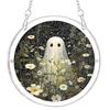 Durable Acrylic Halloween Suncatcher Jigsaw Puzzle Set, Spooky Ghost Floral Meadow Window Hanging Ornament with Metal Porch Decoration Frame & Chain,