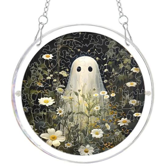 Durable Acrylic Halloween Suncatcher Jigsaw Puzzle Set, Spooky Ghost Floral Meadow Window Hanging Ornament with Metal Porch Decoration Frame & Chain,
