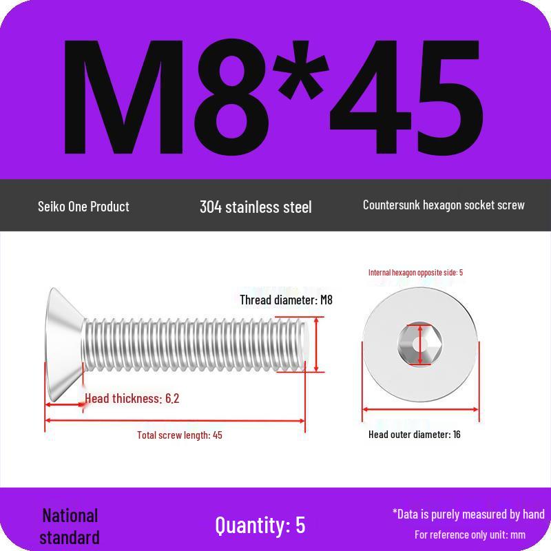 M2-M10 Stainless Steel Flat Head Machine Screws and Bolts Set, Countersunk Hex Socket Cap, 304 Grade.