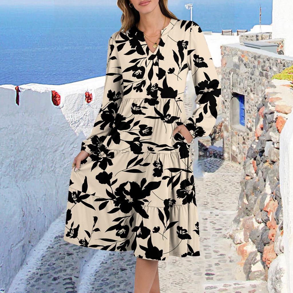 Women's V-Neck Flowing Layered Bohemian Long Sleeve Floral Print Dress