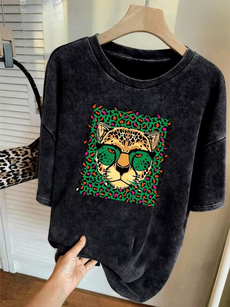 Stylish Leopard Graphic TShirt Relaxed Retro Washed Tee For Men Women Travel Daily Vacation Stylish Casual Street Looks