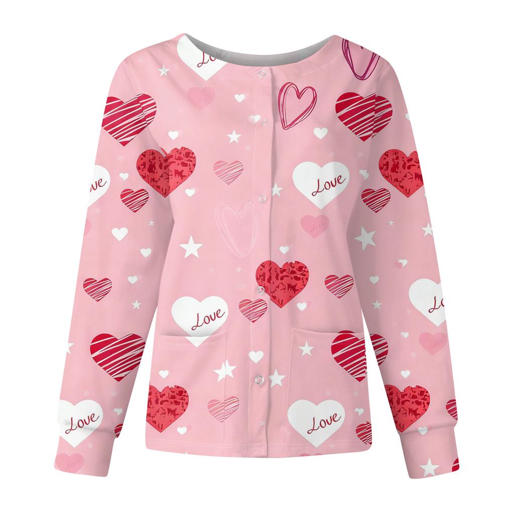 Women's Casual Fashion Long Sleeve Standing Collar Single Breasted Valentine's Day Print Workwear Jacket Tops