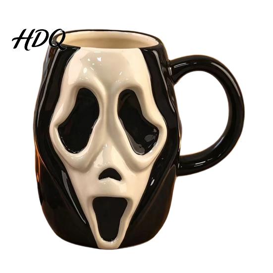 Durable Glazed Ceramic Drinkware Horror Face Coffee Mug Unique Mask Water Comfortable Handle Tea Cup Cup 385ml Capacity Decorative for Halloween