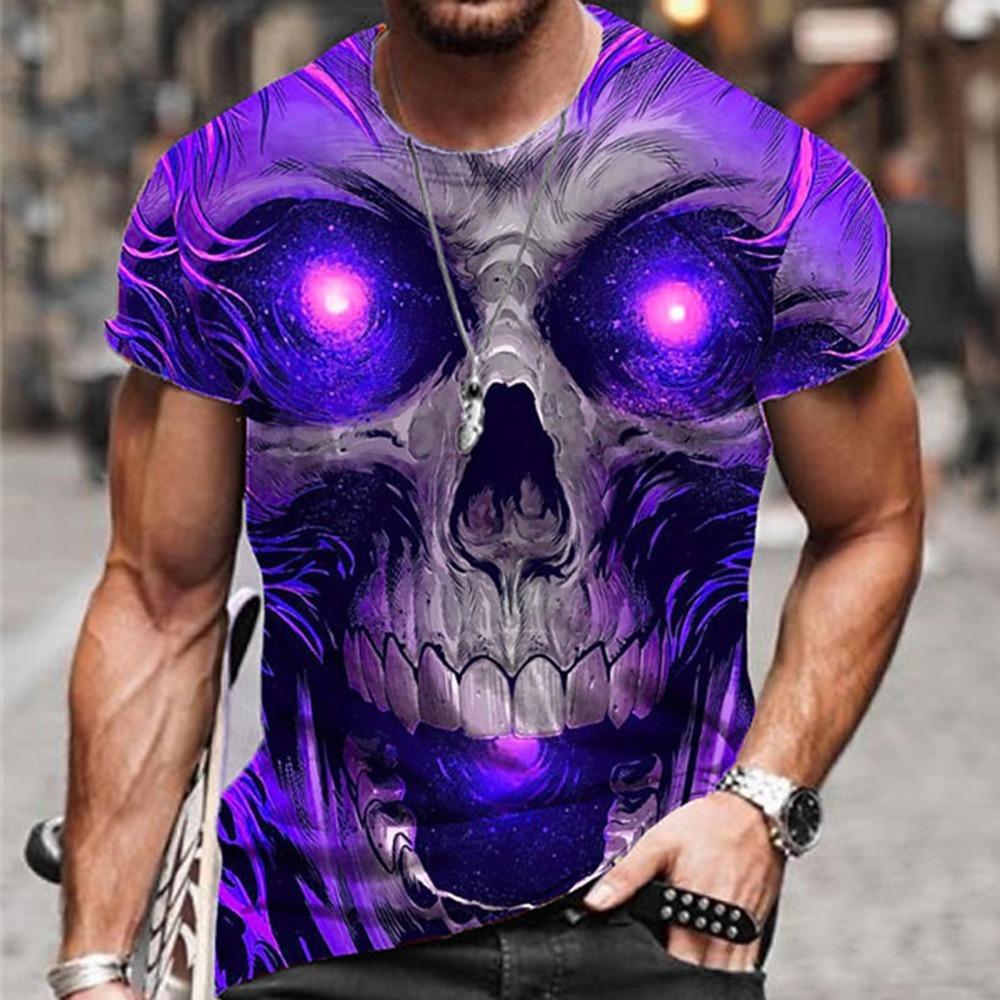 Men's Halloween Sports T-shirt 3D Neutral Skull Print Round Neck Short Sleeved Casual, Comfortable and Fashionable Top