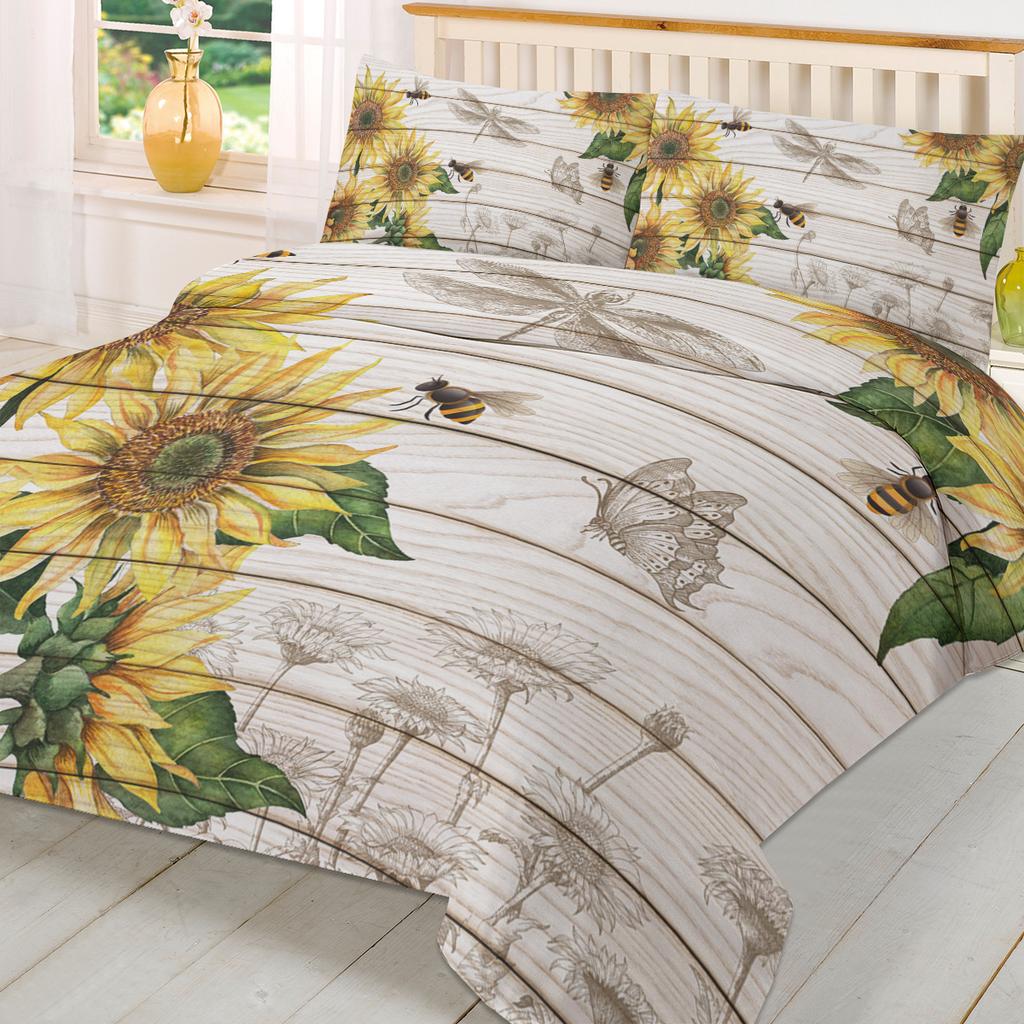 Sunflower Bee Butterfly Wood Texture Duvet Cover With Pillow Case Custom 3pcs Bedding Set Quilt Cover Double Bed Home Textile