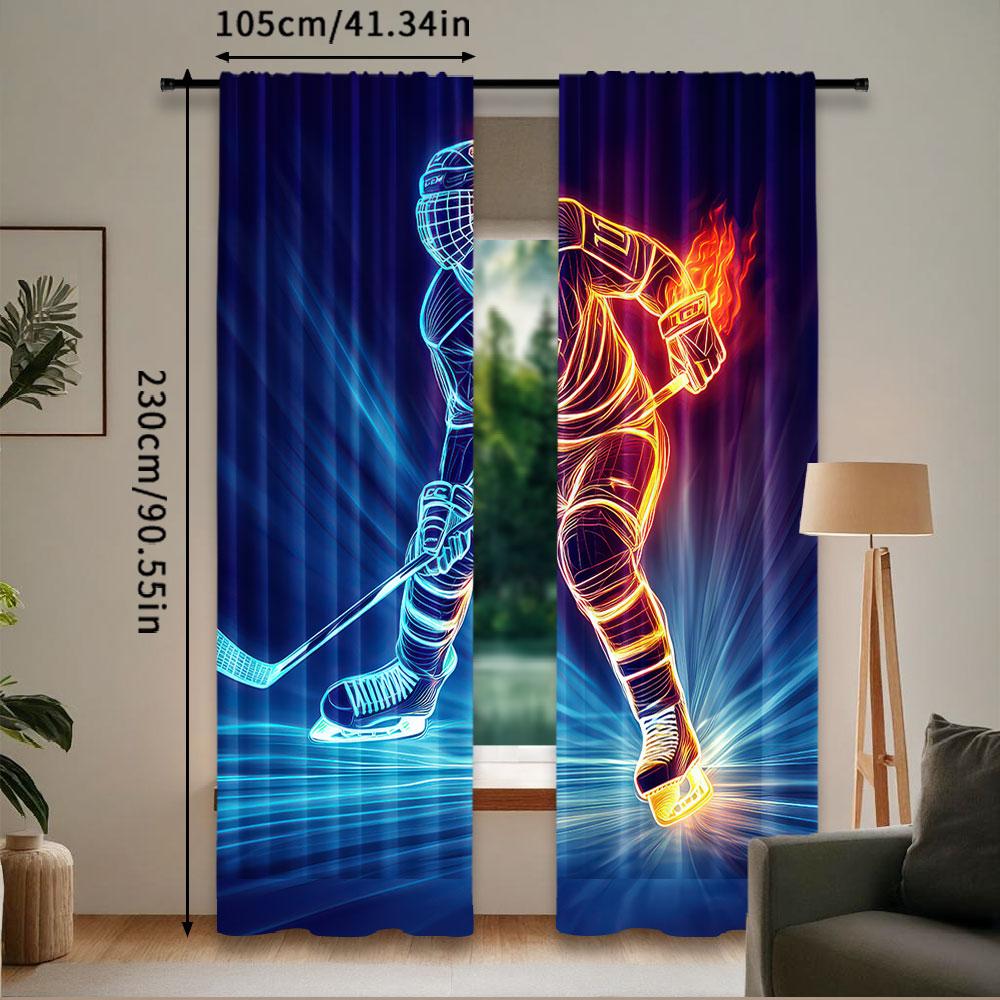 2Pcs Teens Ice Hockey Window Curtains For Bedroom Living Room Sports Games Theme Decor Rod Pocket Design Modern Simplistic